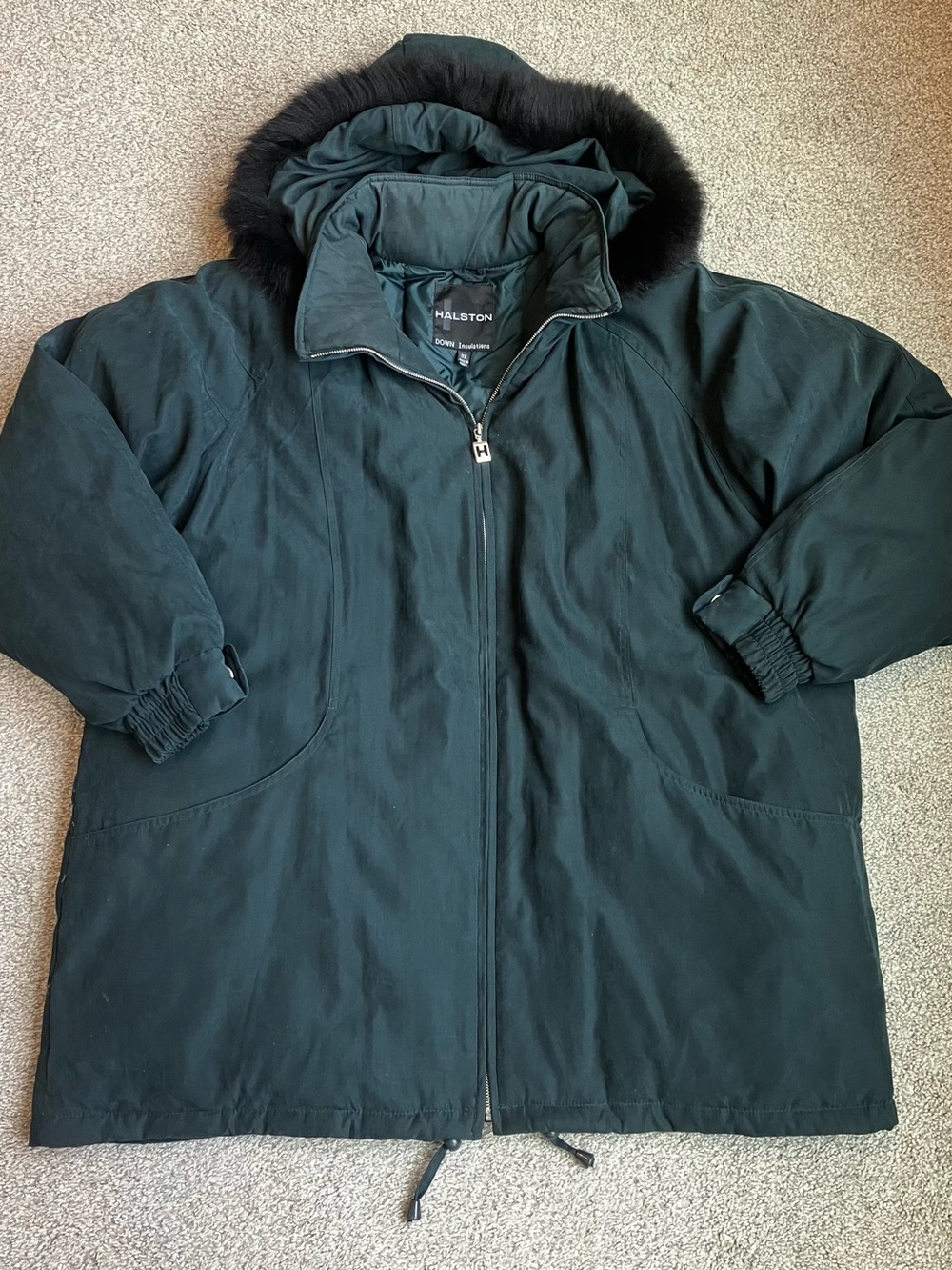 Halston Down Jacket Size 3X Dark Green Fox Fur Trim